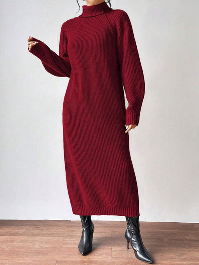 Turtle Neck Long Sleeve Knitted Midi Sweater Dress