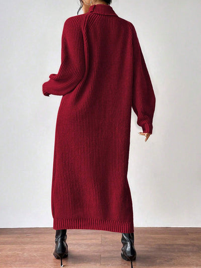 Turtle Neck Long Sleeve Knitted Midi Sweater Dress