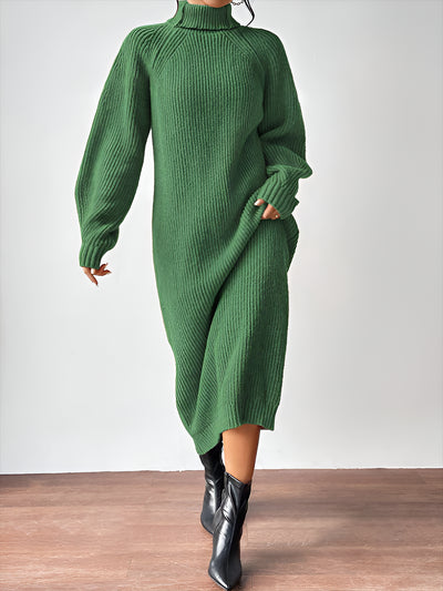 Turtle Neck Long Sleeve Knitted Midi Sweater Dress