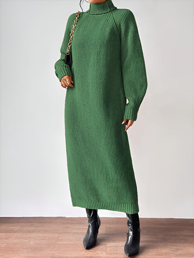 Turtle Neck Long Sleeve Knitted Midi Sweater Dress