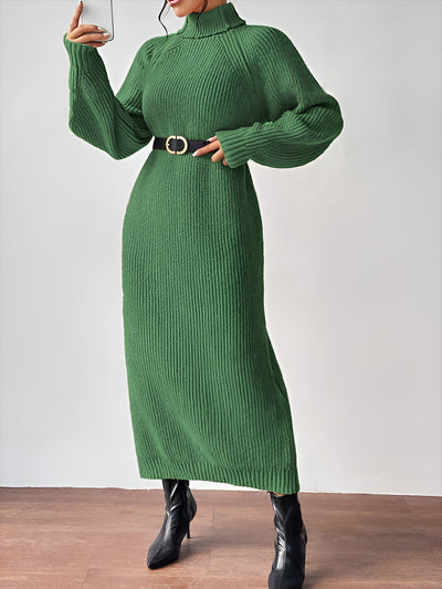 Turtle Neck Long Sleeve Knitted Midi Sweater Dress