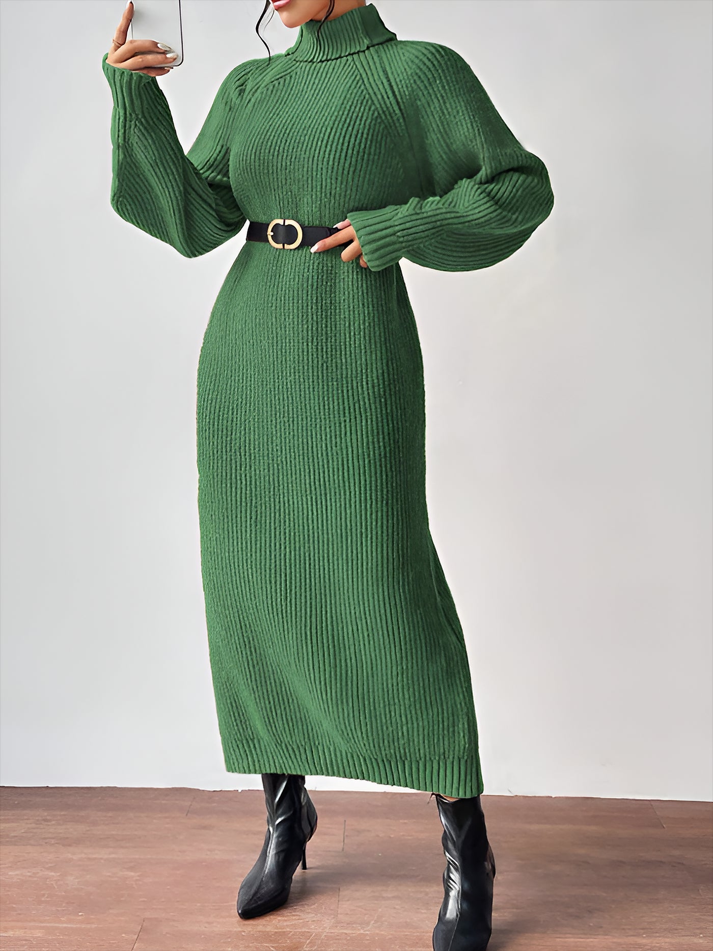 Allegra K Turtle Neck Long Sleeve Knitted Midi Sweater Dress