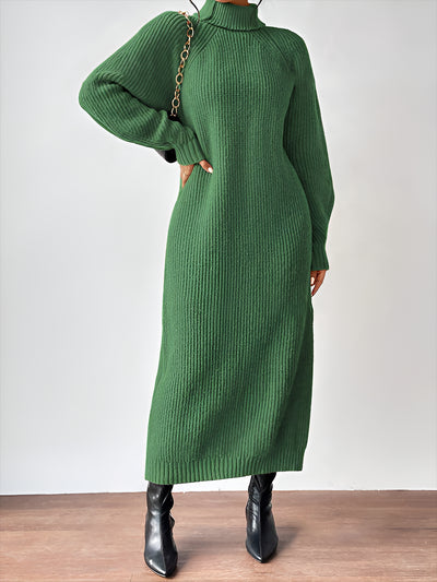 Turtle Neck Long Sleeve Knitted Midi Sweater Dress