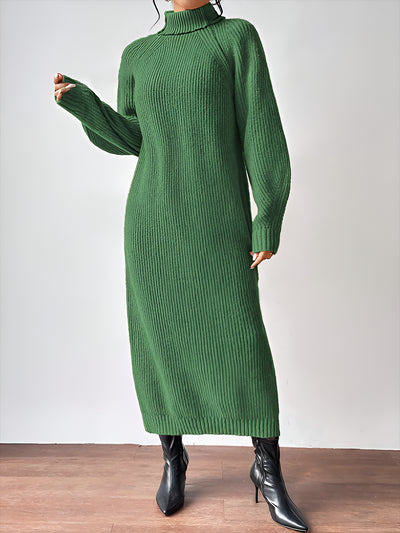 Turtle Neck Long Sleeve Knitted Midi Sweater Dress