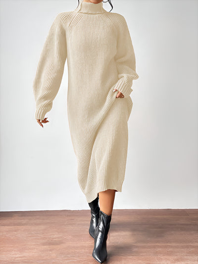 Turtle Neck Long Sleeve Knitted Midi Sweater Dress