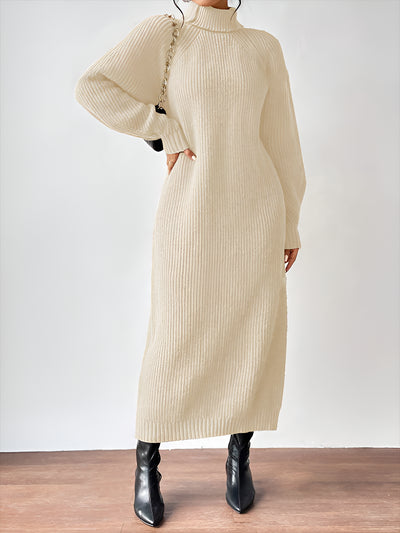 Turtle Neck Long Sleeve Knitted Midi Sweater Dress