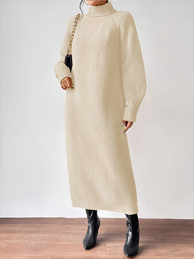 Turtle Neck Long Sleeve Knitted Midi Sweater Dress