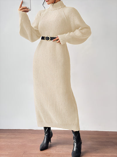 Turtle Neck Long Sleeve Knitted Midi Sweater Dress