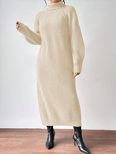 Turtle Neck Long Sleeve Knitted Midi Sweater Dress