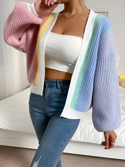 Coloblock Long Lantern Sleeve Ribbed Knit Cardigan