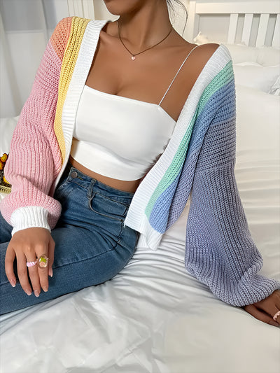 Coloblock Long Lantern Sleeve Ribbed Knit Cardigan