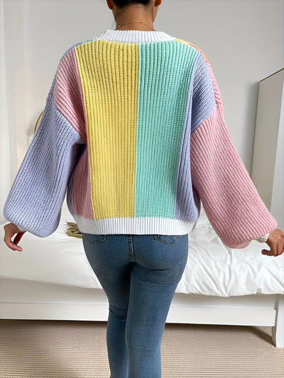 Coloblock Long Lantern Sleeve Ribbed Knit Cardigan