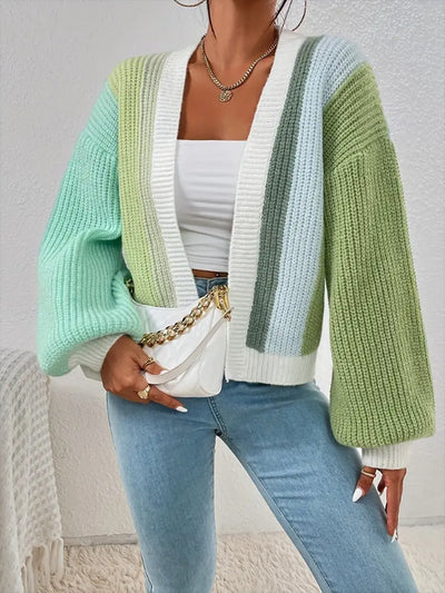 Coloblock Long Lantern Sleeve Ribbed Knit Cardigan