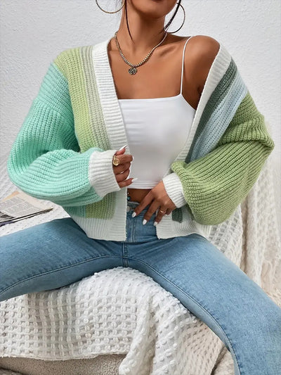 Coloblock Long Lantern Sleeve Ribbed Knit Cardigan