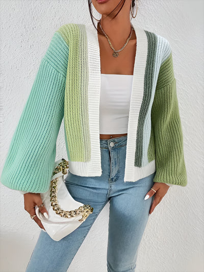 Coloblock Long Lantern Sleeve Ribbed Knit Cardigan