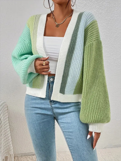 Coloblock Long Lantern Sleeve Ribbed Knit Cardigan