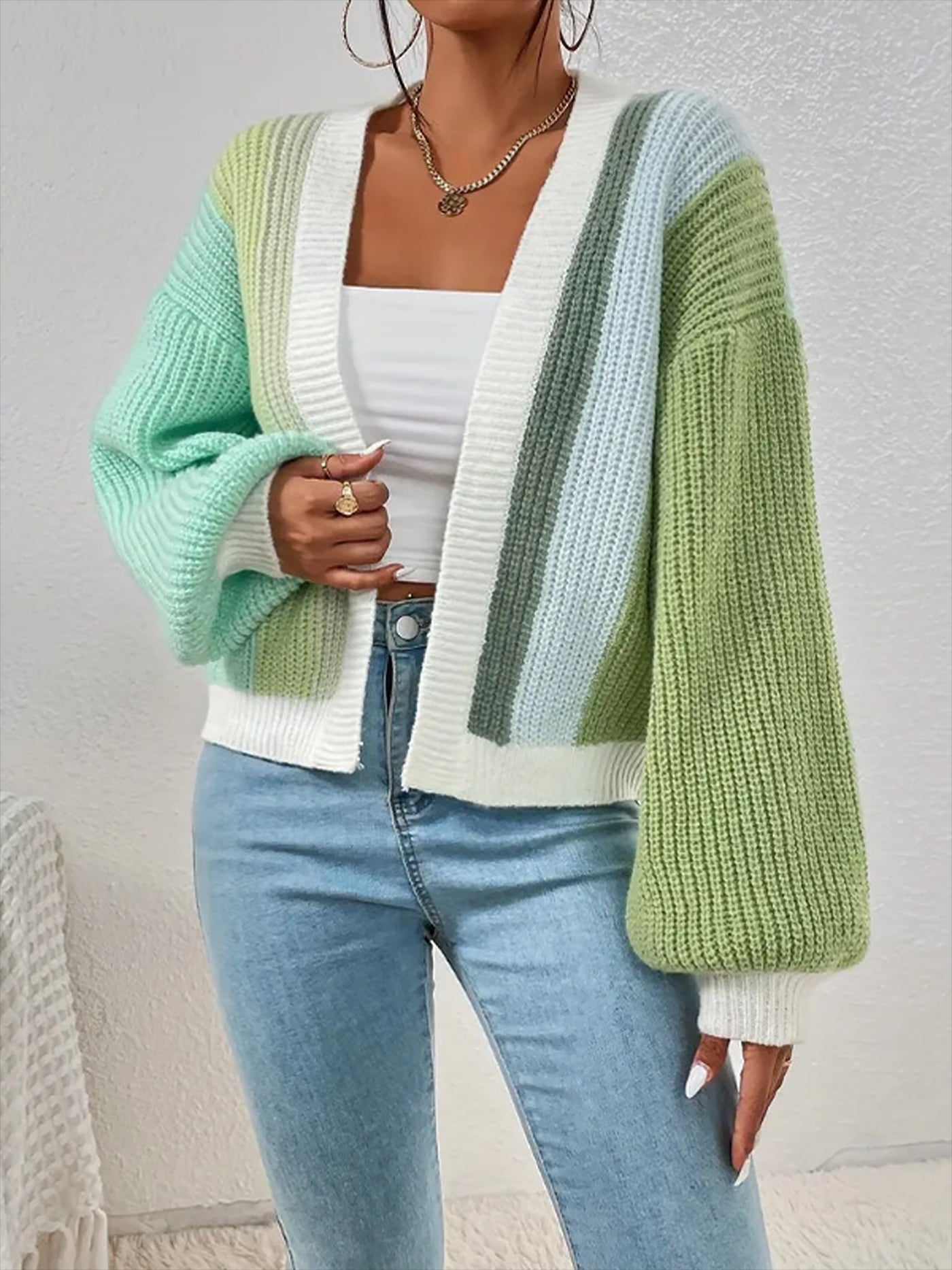 Allegra K Coloblock Long Lantern Sleeve Ribbed Knit Cardigan