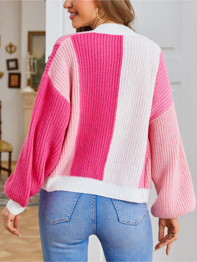 Coloblock Long Lantern Sleeve Ribbed Knit Cardigan