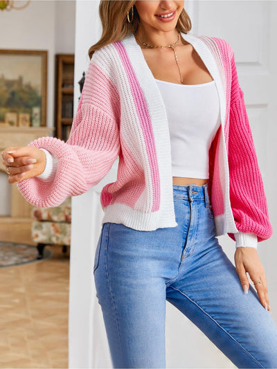 Coloblock Long Lantern Sleeve Ribbed Knit Cardigan