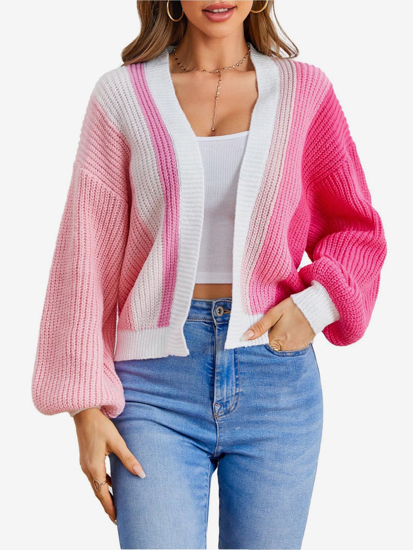 Allegra K Coloblock Long Lantern Sleeve Ribbed Knit Cardigan