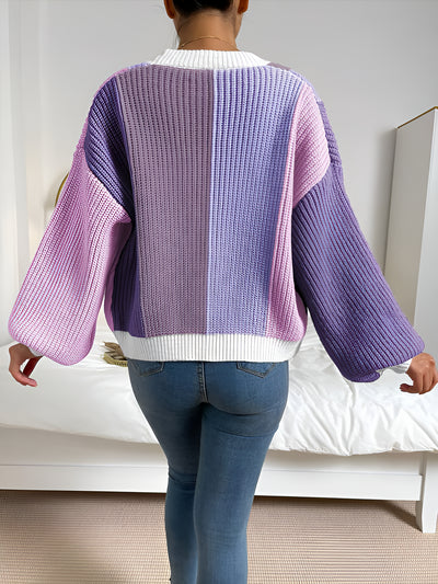 Coloblock Long Lantern Sleeve Ribbed Knit Cardigan