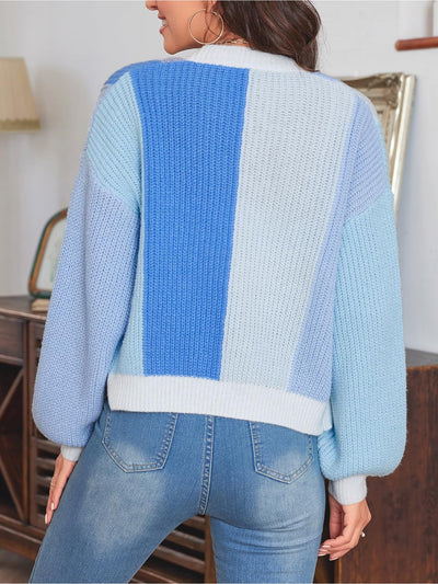 Coloblock Long Lantern Sleeve Ribbed Knit Cardigan