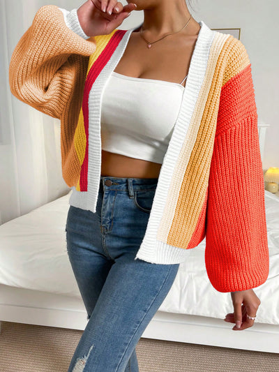 Coloblock Long Lantern Sleeve Ribbed Knit Cardigan