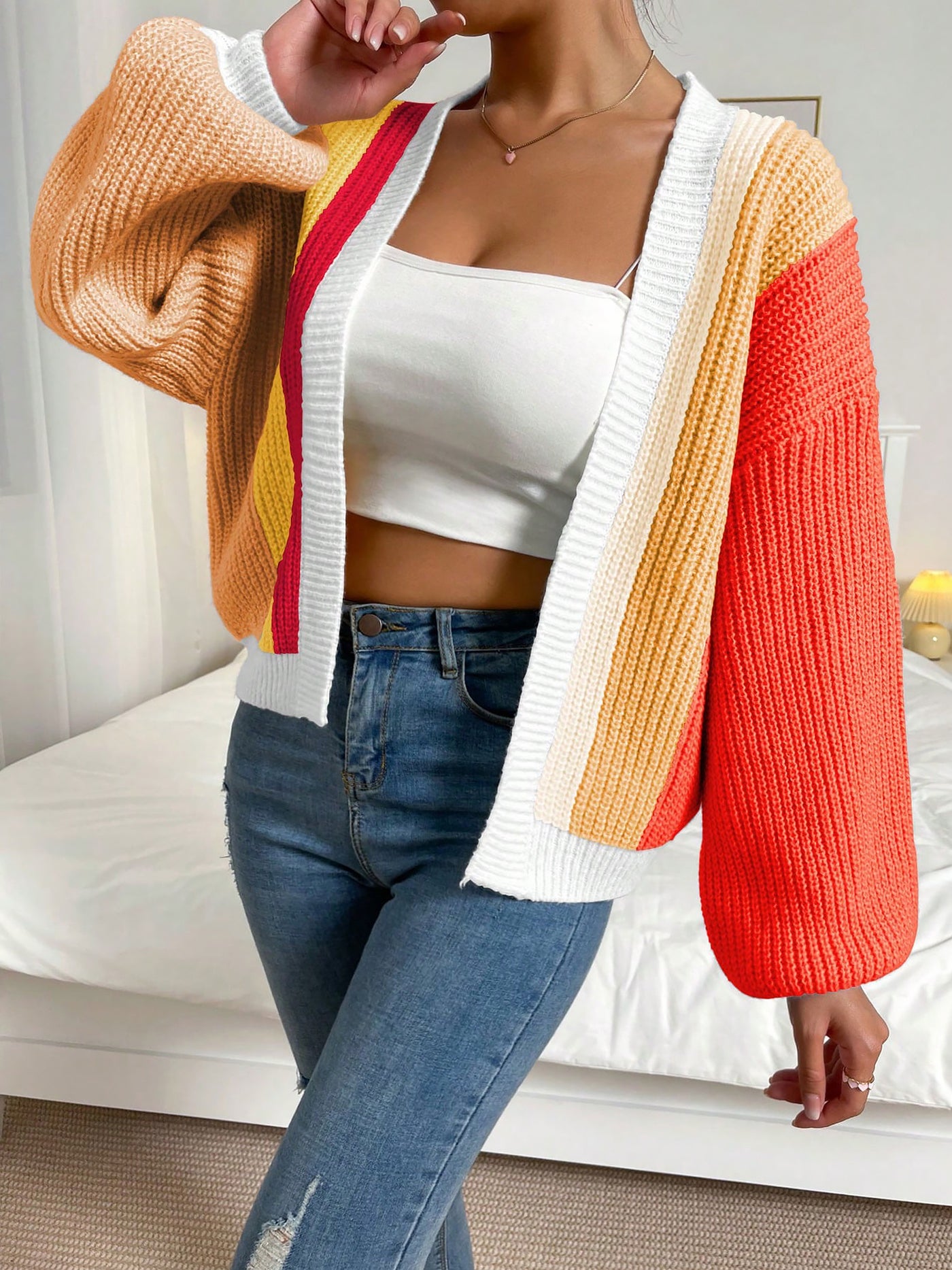 Allegra K Coloblock Long Lantern Sleeve Ribbed Knit Cardigan