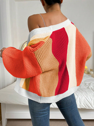 Coloblock Long Lantern Sleeve Ribbed Knit Cardigan