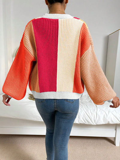 Coloblock Long Lantern Sleeve Ribbed Knit Cardigan