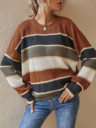 Round Neck Colorblock Striped Long Sleeves Sweater