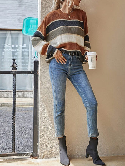 Round Neck Colorblock Striped Long Sleeves Sweater