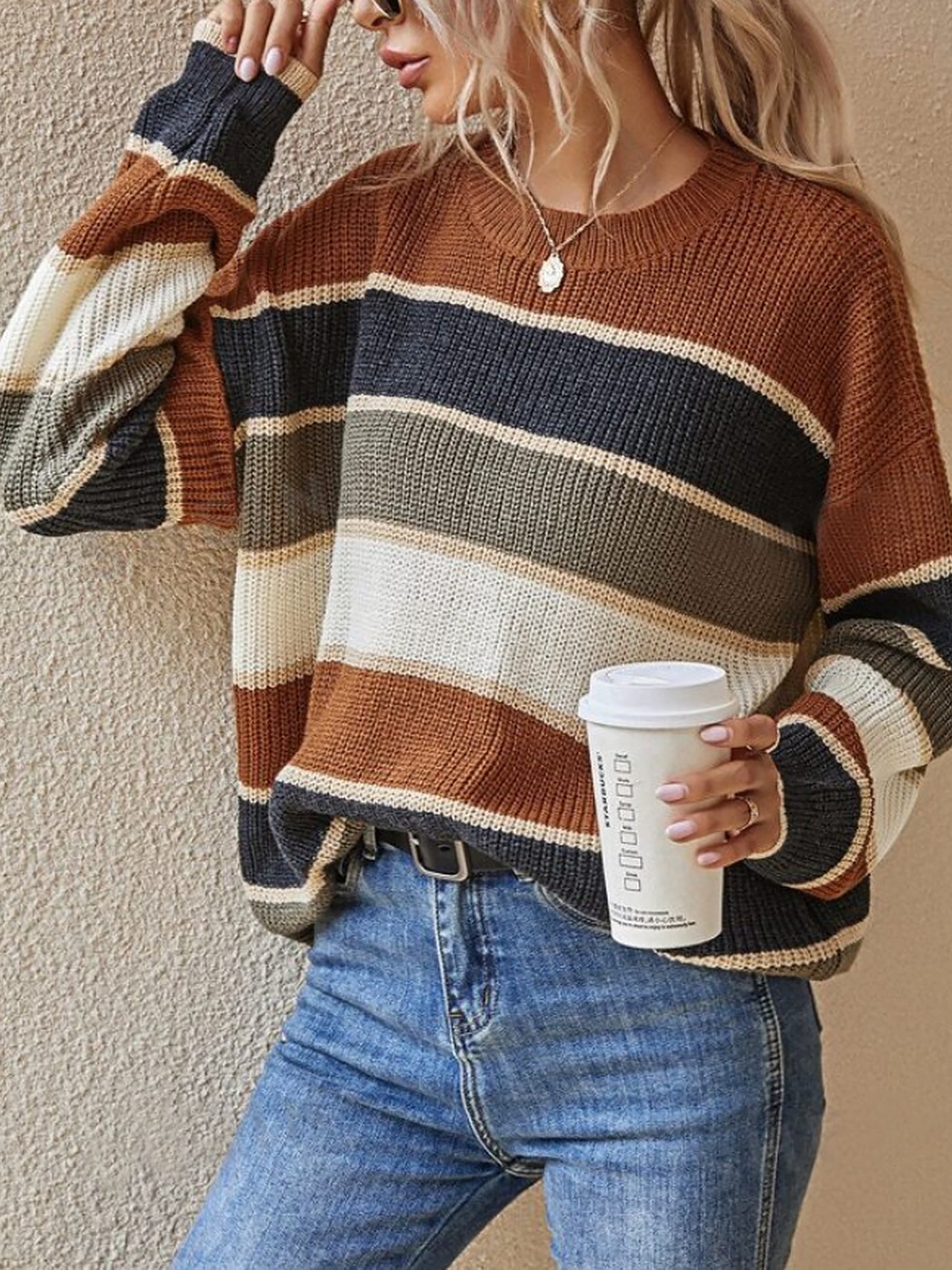 Allegra K Round Neck Colorblock Striped Long Sleeves Sweater