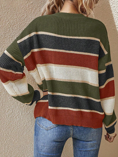 Round Neck Colorblock Striped Long Sleeves Sweater