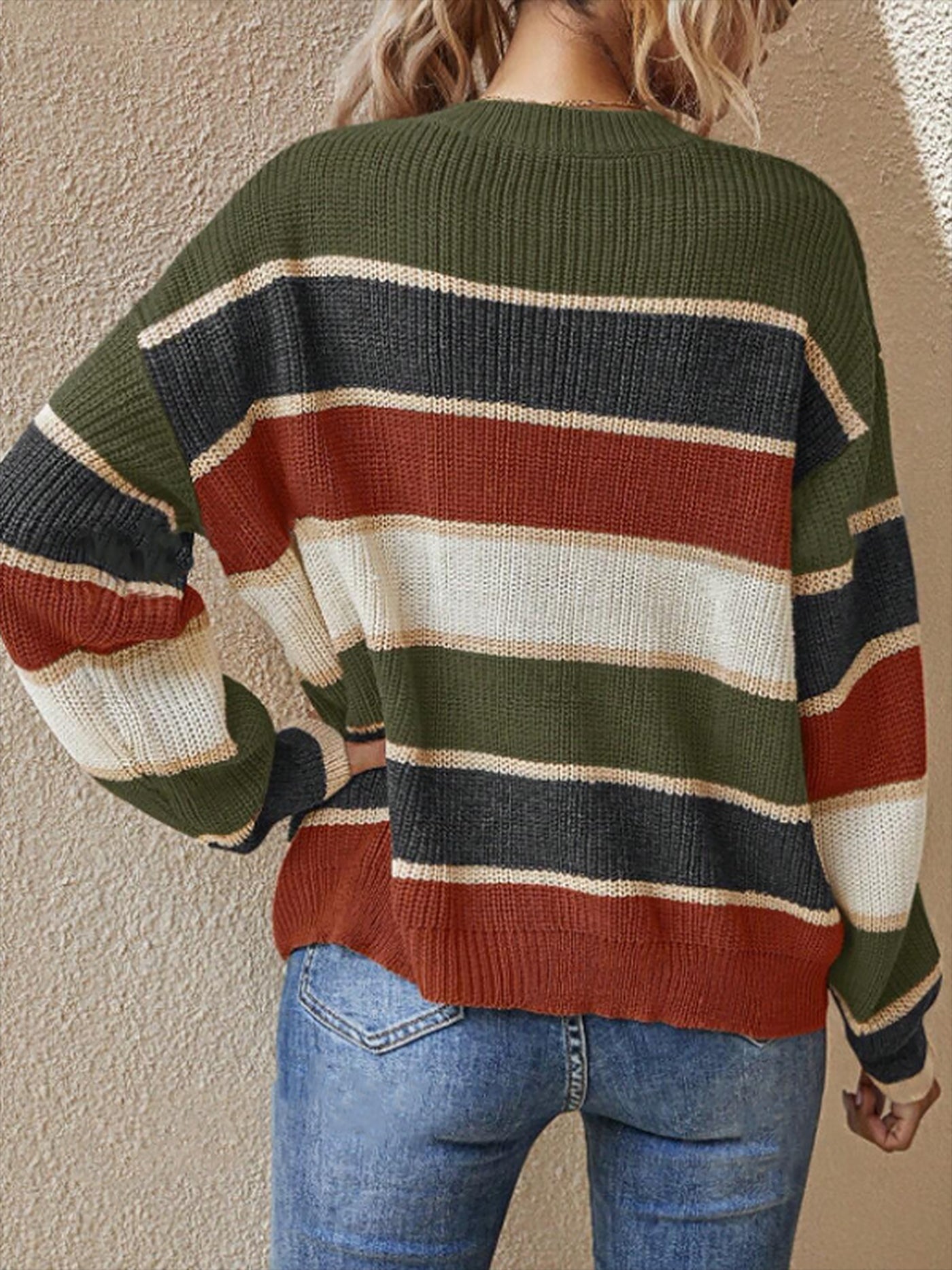 Allegra K Round Neck Colorblock Striped Long Sleeves Sweater