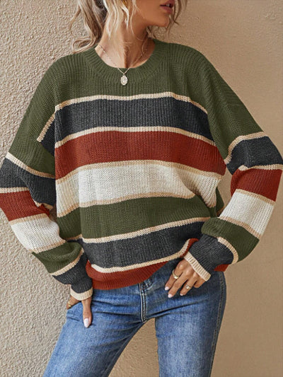 Round Neck Colorblock Striped Long Sleeves Sweater