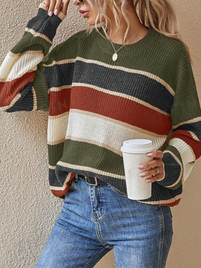 Round Neck Colorblock Striped Long Sleeves Sweater