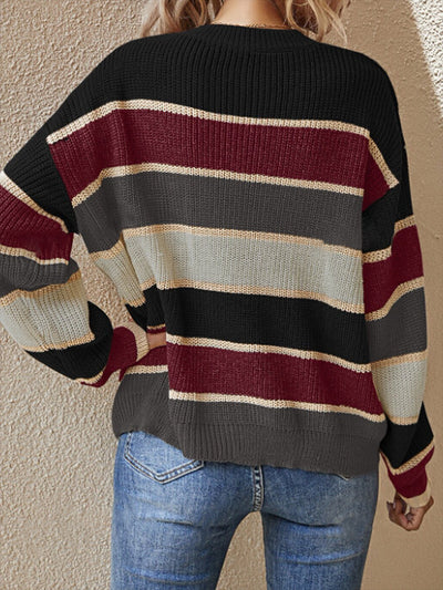 Round Neck Colorblock Striped Long Sleeves Sweater