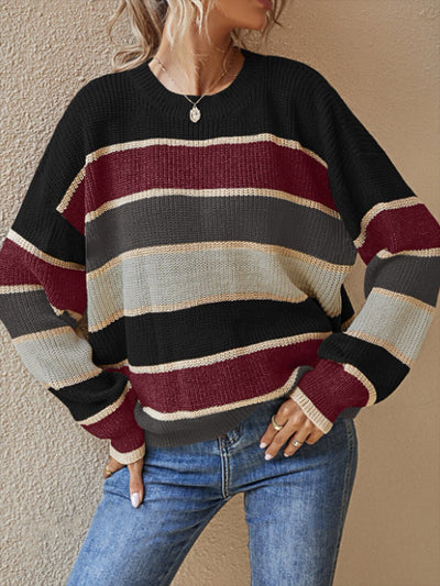 Round Neck Colorblock Striped Long Sleeves Sweater