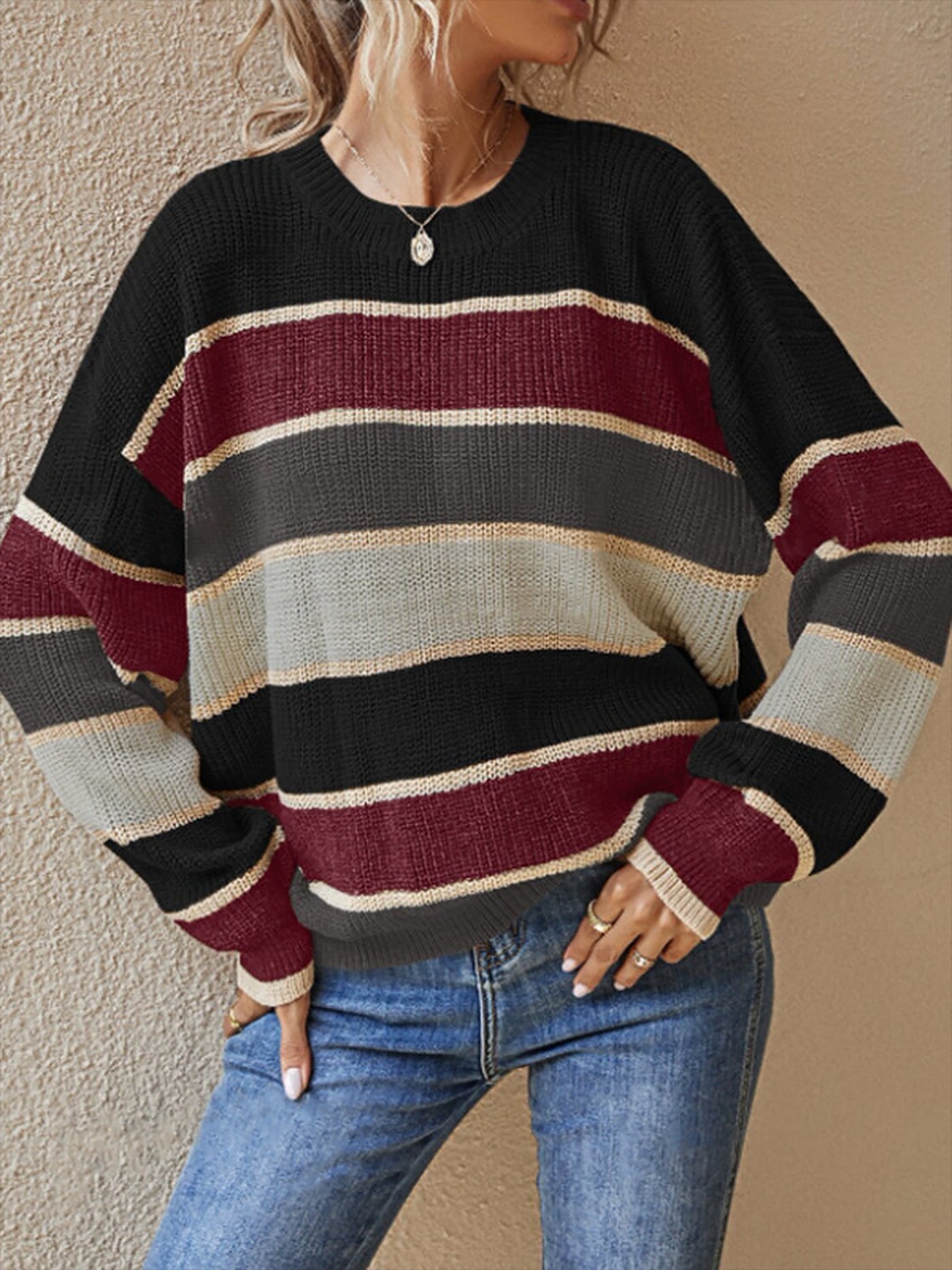 Allegra K Round Neck Colorblock Striped Long Sleeves Sweater