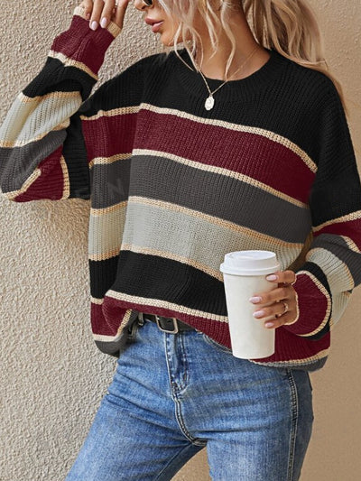 Round Neck Colorblock Striped Long Sleeves Sweater