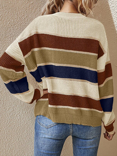 Round Neck Colorblock Striped Long Sleeves Sweater