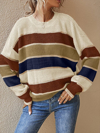 Round Neck Colorblock Striped Long Sleeves Sweater