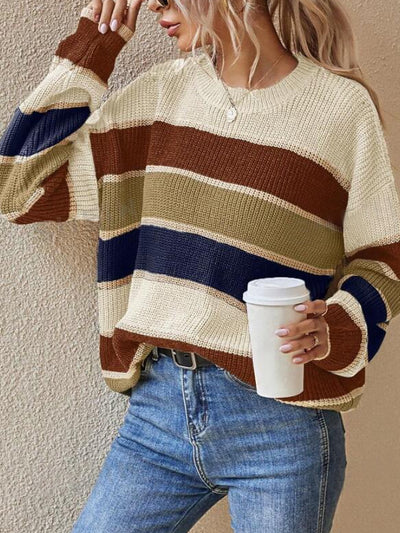 Round Neck Colorblock Striped Long Sleeves Sweater