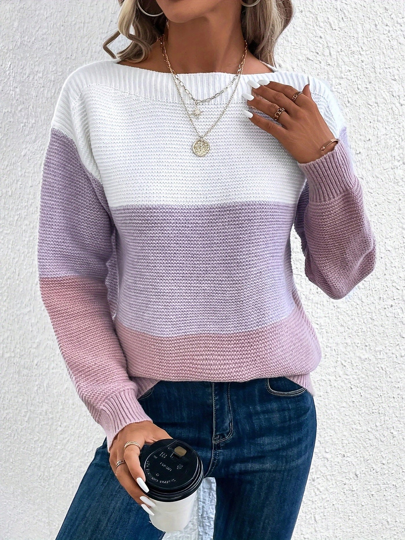 Allegra K Round Neck Colorblock Long Sleeve Knitted Sweater