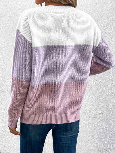 Round Neck Colorblock Long Sleeve Knitted Sweater