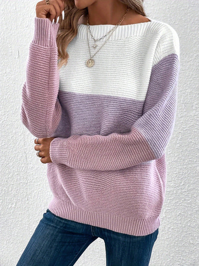 Round Neck Colorblock Long Sleeve Knitted Sweater