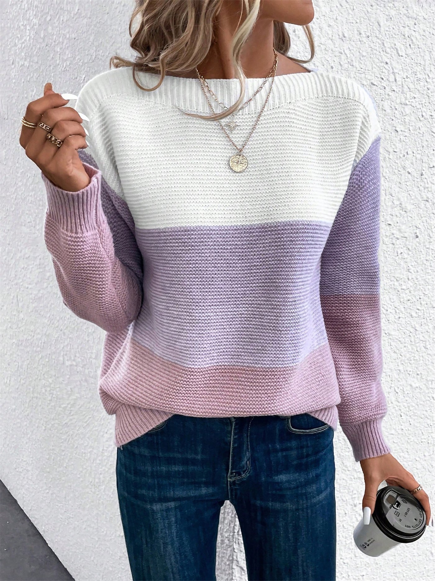 Allegra K Round Neck Colorblock Long Sleeve Knitted Sweater