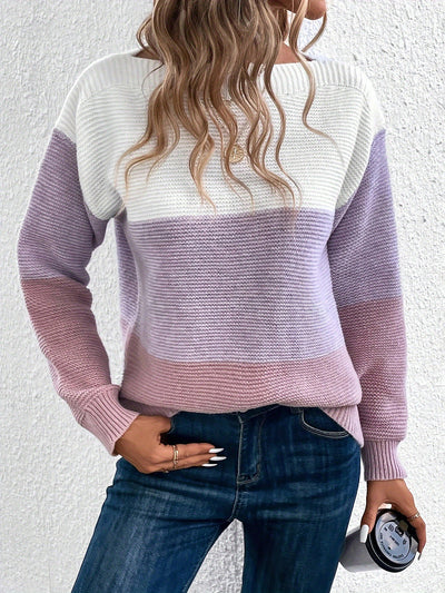 Round Neck Colorblock Long Sleeve Knitted Sweater