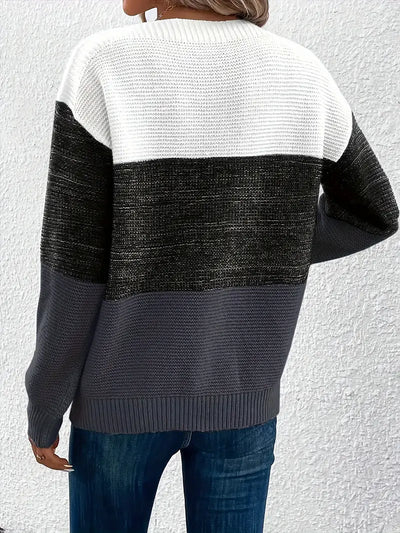 Round Neck Colorblock Long Sleeve Knitted Sweater